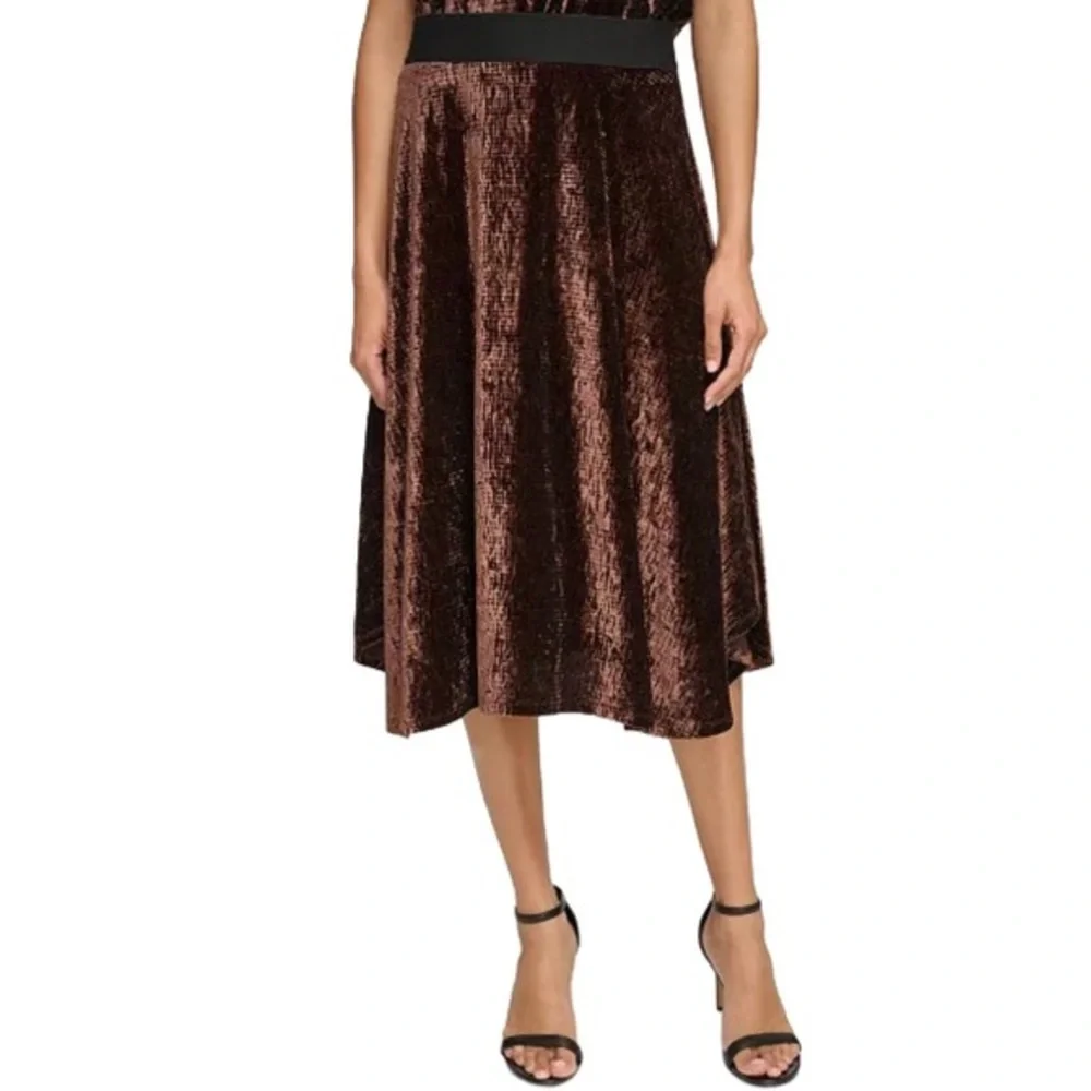 Calvin Klein Women's Elegant Textured Velvet Brown Midi Skirt NWT